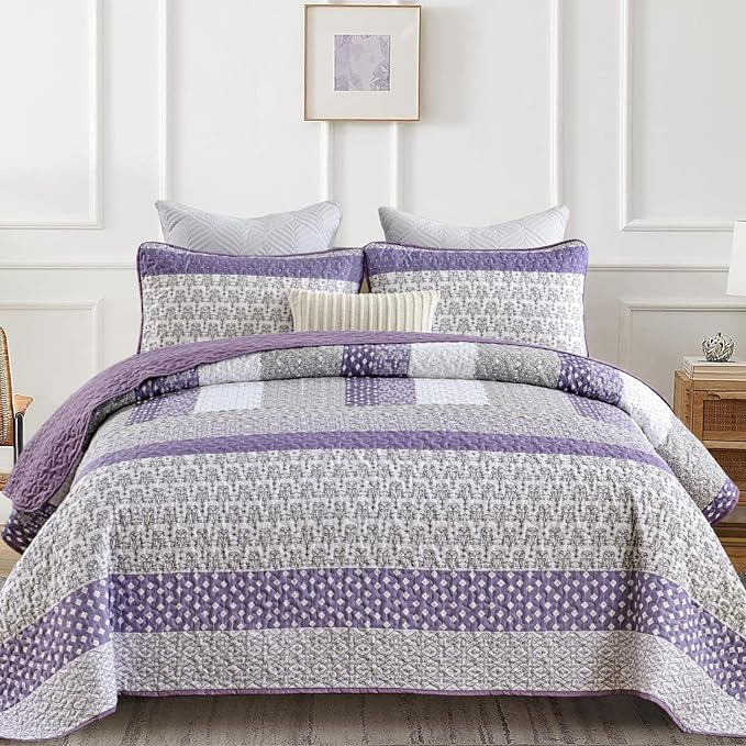 WONGS BEDDING Purple Queen Quilt Bedding Set, Bohemian Stripe Bedspread | - Image 2