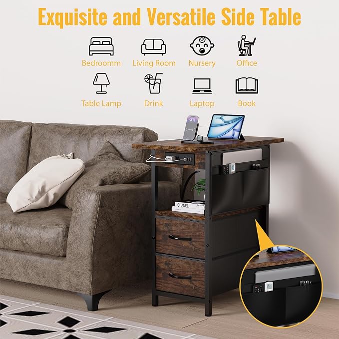 Yenlure Small Side Table with Charging Station, Narrow Nightstand Bedside - Image 5