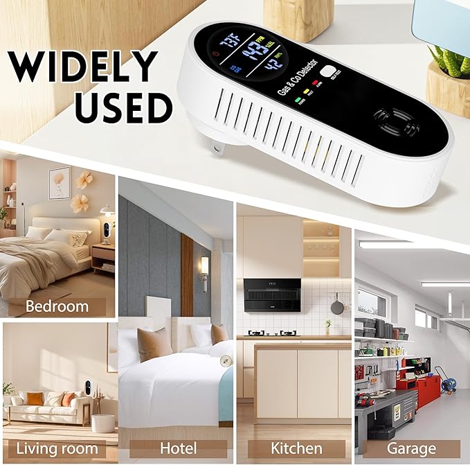 4 Packs Carbon Monoxide Detectors Plug in, 4-in-1 Natural Gas Leak Detector & Carbon Monoxide Detectors with Temperature & Humidity, Natural Gas Detectors for Home/Apartment/RV