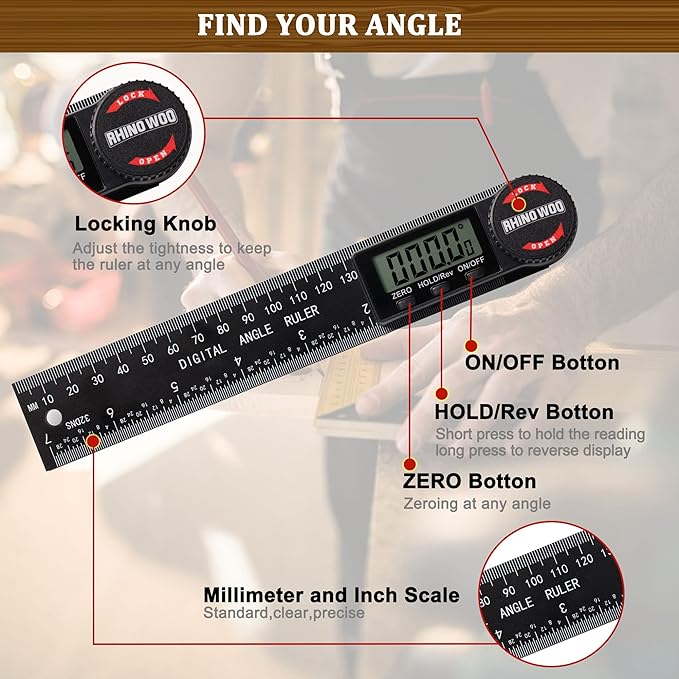 Digital Angle Finder Protractor, Angle Measuring Tool for Woodworking/Carpenter/Construction/Handmade Measurement，Angle Finder Ruler with 7inch/200mm(2 Batteries Included) (Enhanced ABS)