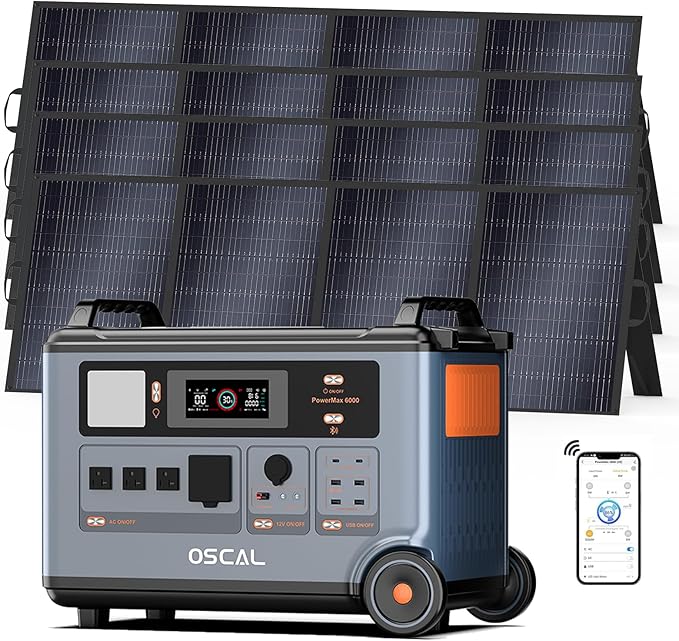 Oscal PowerMax 6000 Portable Power Station with 4x400W Solar Panel 3600Wh LiFePO4 Batteries, 6000W Output (9000W Peak), 5ms UPS, Solar Generator for Home, RVs, Emergencies, Power Outages