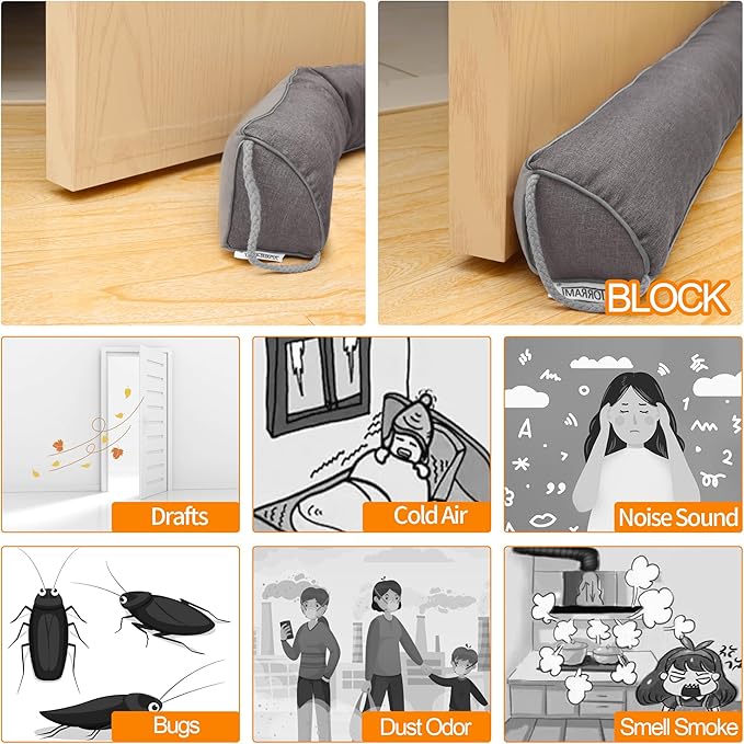 TORRAMI 32" Door Draft Stopper for Bottom of Doors, Seal Blocks Hot Air, Noise, Bugs, Keeps Cold AC in, Draft Stoppers Sound Proofing Easy Install Gap Filler