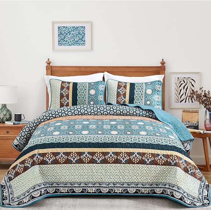 Yiran Blue Boho Quilt Set King Size, Fall Patchwork Bedspreads | Bohemia - Image 2