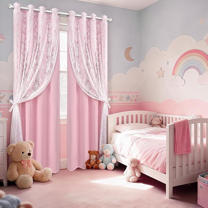 Yinhua Pink Curtains for Girls Room Double Layer Blackout Curtains for Bedroom - Image 8