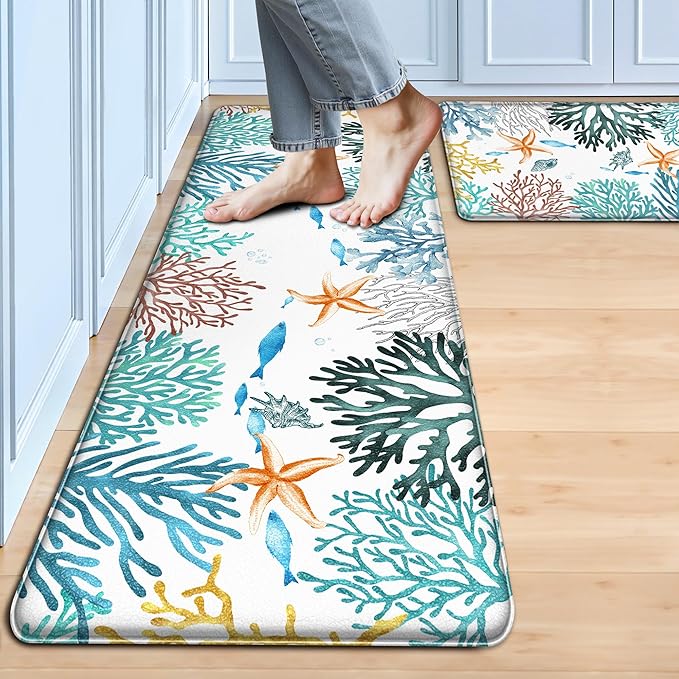 Kitchen Mats for Floor Cushioned Anti Fatigue Sets of 2 Coastal Kitchen Rugs Non Slip Waterproof Nautical Foam Kitchen Floor Rug Beach Theme Coral Fish Comfort Standing Mat for Sink Laundry, Teal