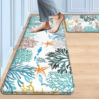 Kitchen Mats for Floor Cushioned Anti Fatigue Sets of 2 Coastal Kitchen Rugs Non Slip Waterproof Nautical Foam Kitchen Floor Rug Beach Theme Coral Fish Comfort Standing Mat for Sink Laundry, Teal