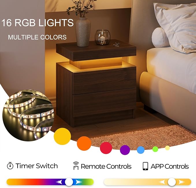 Modern Walnut LED Nightstand for Bedroom Bedside Table - Image 4