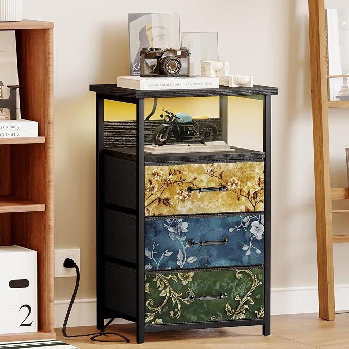 Fixwal Night Stand with 3 Fabric Drawers, Nightstand with Charging Station | - Image 6
