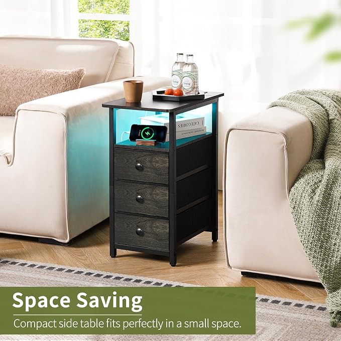 Yoobure End Table with Charging Station, LED Narrow Side Table Bedside Table - Image 3
