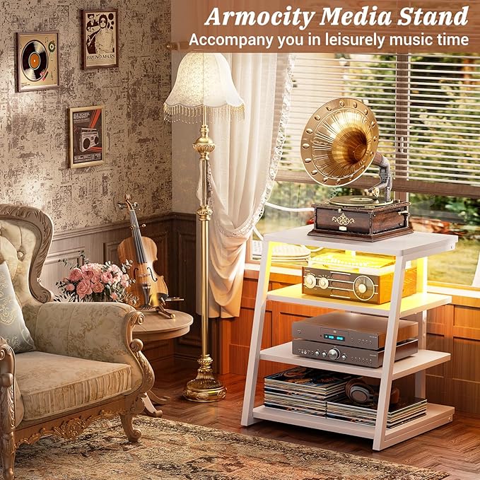 Armocity 4-Tier AV Media Stand with Power Strips, Stereo Stand with LED Lights, Audio Tower Rack with Adjustable Shelves, Small Entertainment Center, 30'', White