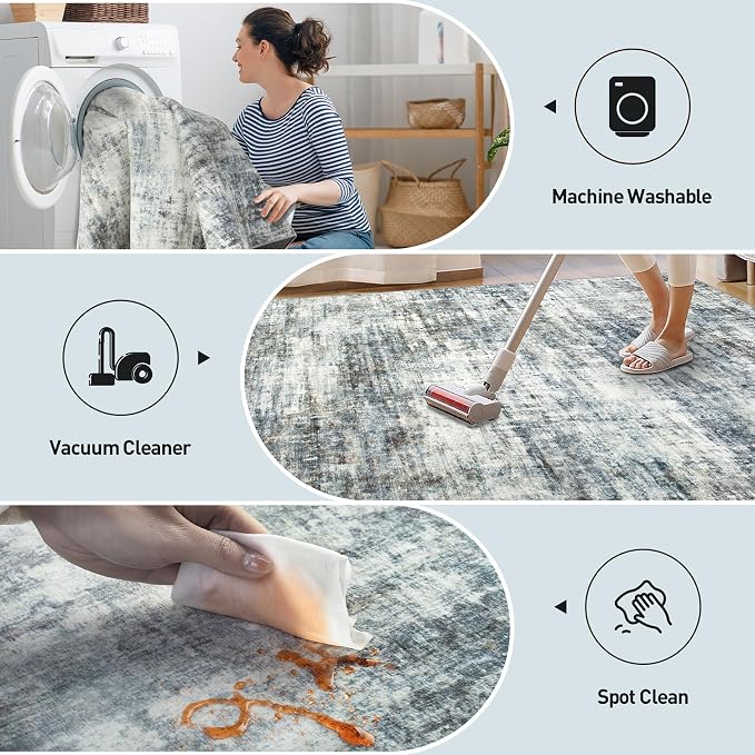 5x7 Area Rugs for Living Room: Washable Abstract Blue Multi Badroom Carpet | - Image 3