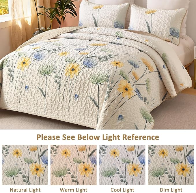 Dinjoy King Size Quilt Set, Floral Printed Bedspread Coverlet Set | Yellow Blue - Image 3