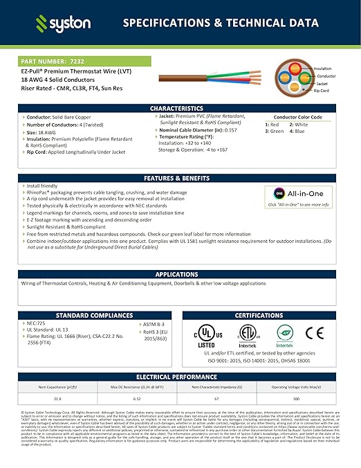 Syston 18/4 Thermostat Doorbell HVAC Heating Control Cable Wire, 18 AWG 4 Conductors 100% Solid Copper Conductors CL3R/FT4/CMR Riser-Rated, UV Resistant RoHS for Low Voltage Applications Use