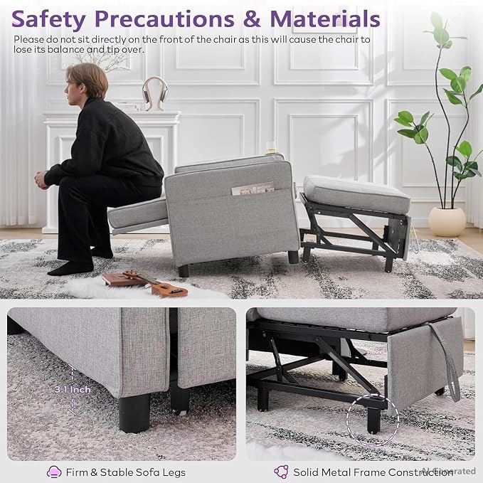 Convertible Sleeper Chair Bed for Adult, Single Pull Out Sofa, USB & Type-C - Image 7