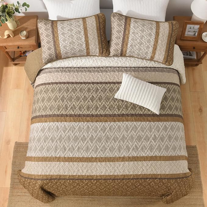 Dinjoy Boho Queen Quilt Set, Striped Bedspread Queen Size, Light Brown Bedding - Image 8