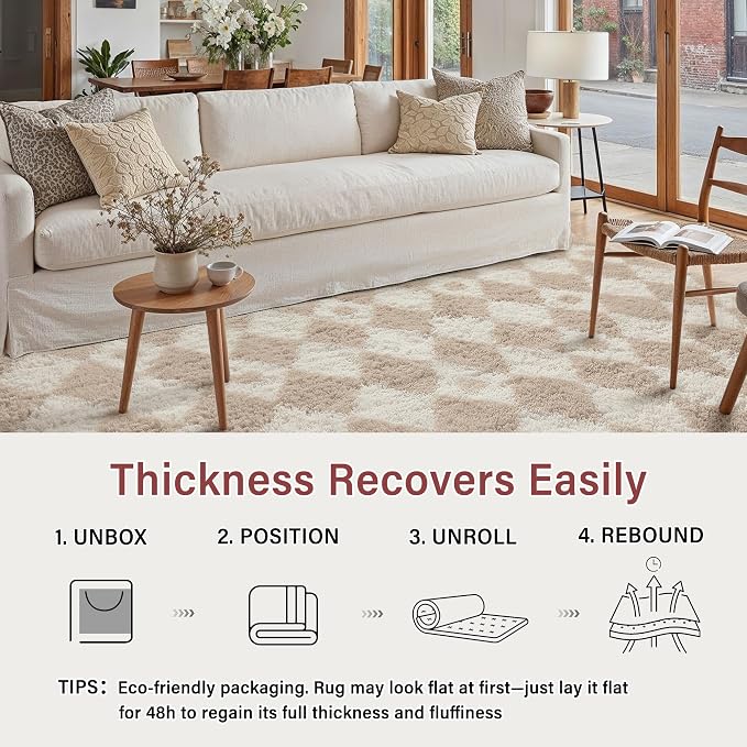 Beige 4x6 Area Rug for Kids Room Soft Fluffy Checkered Shag Carpet | Machine - Image 4