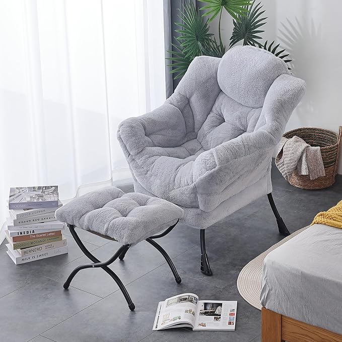 Lazy Chair with Ottoman, Comfy Accent Reading Chair, Plush Grey | Foldable - Image 5