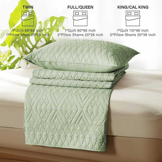 akkialla Full/Queen Size Quilt Bedding Set, Sage Green Lightweight Microfiber - Image 6