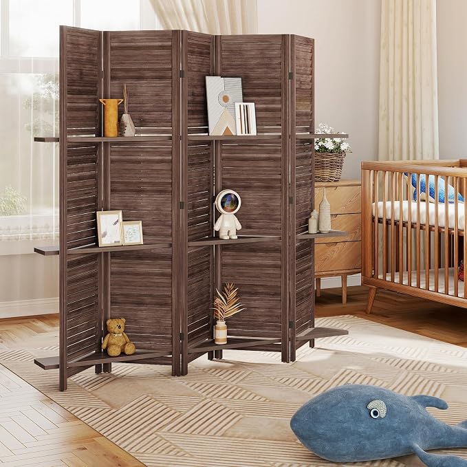 HOMCOM Room Divider 5 Panel 67" Tall Wood Privacy Screen Walnut | 3 Display - Image 9