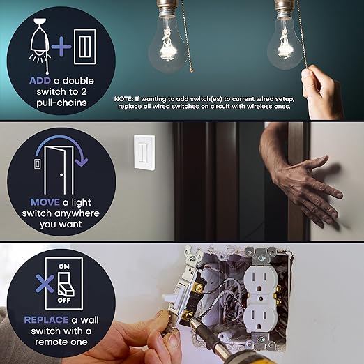 RunLessWire 3-Way Fan & Light Battery-Free DIY Kinetic Wireless Light Switch Kit for Bathrooms & Ceiling Fans: 2 Dual Remote Switches, Both Control 2 5A On/Off Receivers Separately – Black