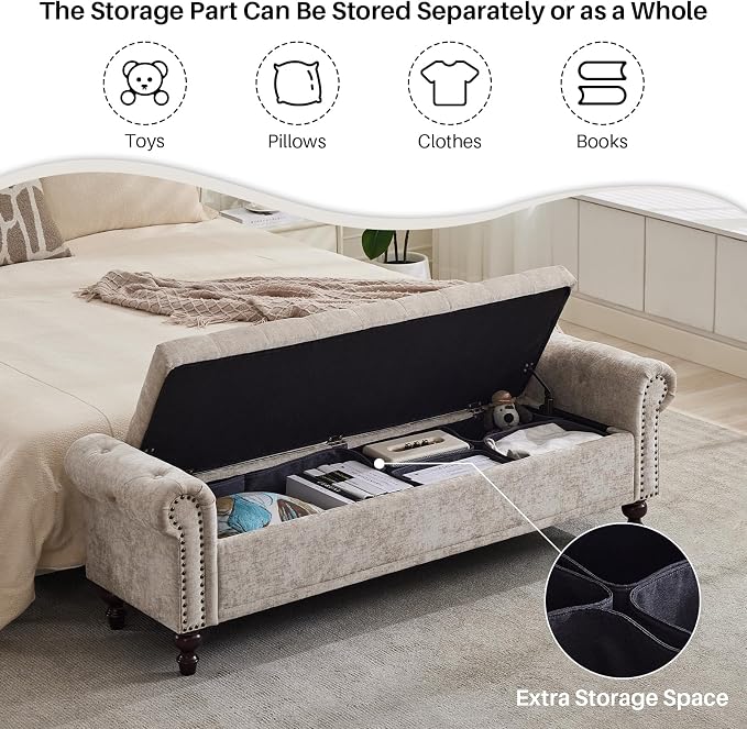 SOFTHION 67" Storage Bench for Bedroom, Chenille Upholstered, Light Brown | - Image 6