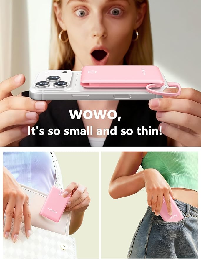 miisso 10000mAh Mini Portable Charger with Built in Cable, Pocket Size Power Bank Travel External Battery Pack for Phone, 3 Output USB Type C Cord Clutch Compatible with iPhone, Samsung, Pink
