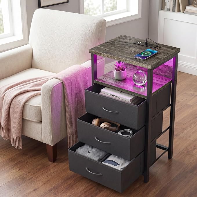 Fixwal Night Stand with 3 Fabric Drawers, Nightstand with Charging Station | - Image 6