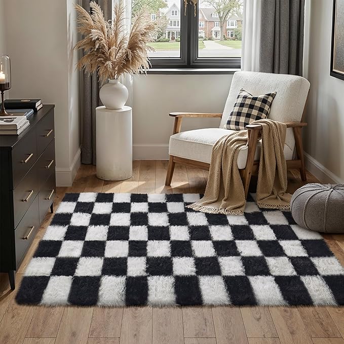 Checkered Rug 4x6 for Kids Room Black and White Soft Shag Rugs | Machine by PureCozy