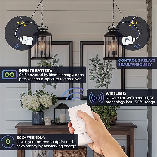 RunLessWire 2 Fixture Battery-Free DIY Kinetic Wireless Light Switch Kit 150ft RF Range for Different Fixtures or Outlets: 1 Remote Switch Controls 2 5A On/Off Receivers Simultaneously – Ivory