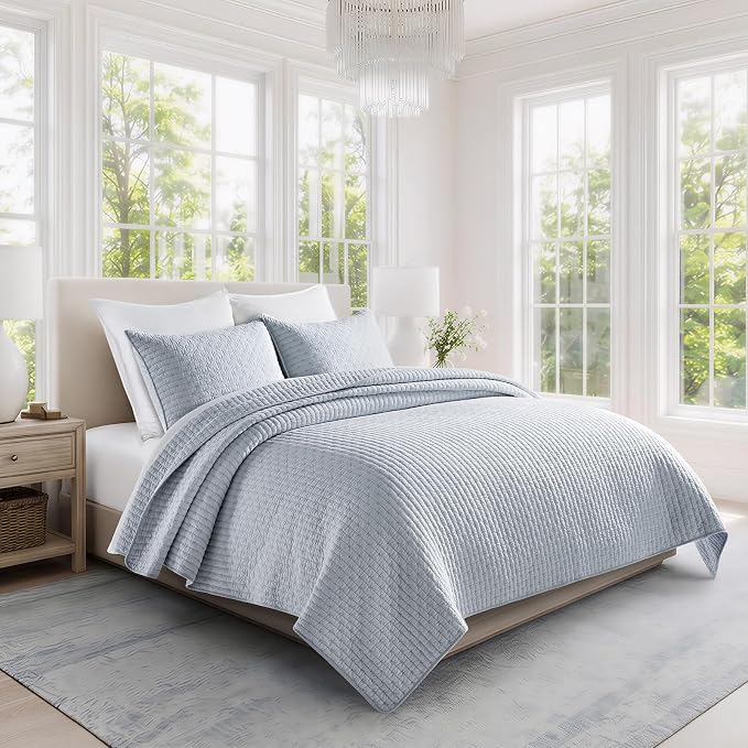 100% Cotton Cross Stitch 3-Piece Quilt Set, Powder Blue | 100% Cotton, Elegant - Image 6