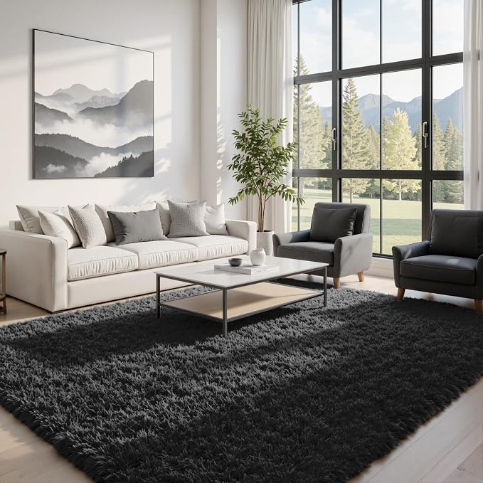 9x12 Fluffy Shag Area Rugs for Living Room Bedroom: Soft Plush Carpet Black | - Image 2