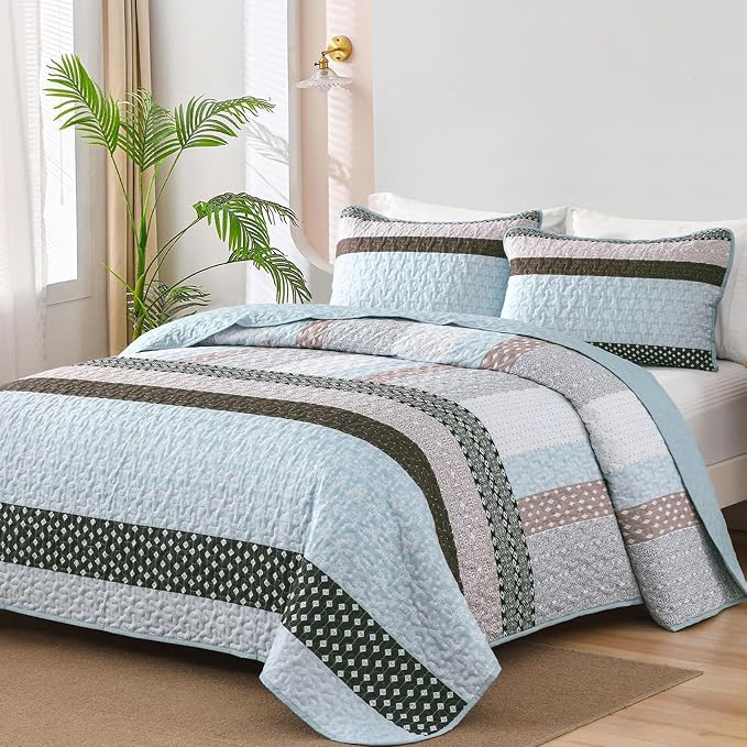 WONGS BEDDING Boho Quilt King Size, Patchwork Bedding Set, 3 Pieces Plaid by WONGSBEDDING