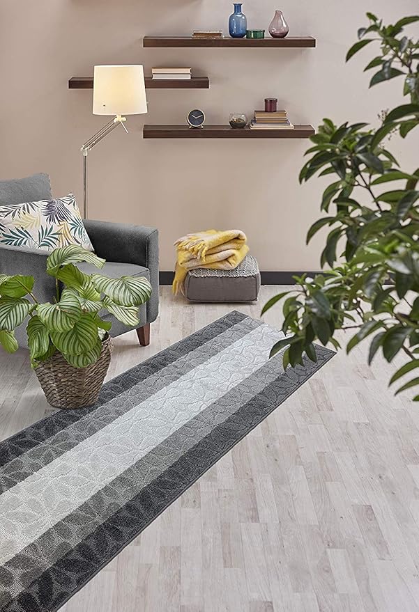 Custom Length Hallway Runner Rug,Slip Resistant,Flower Grey, 26 Inch X 18 feet, Sold and Priced Per Foot