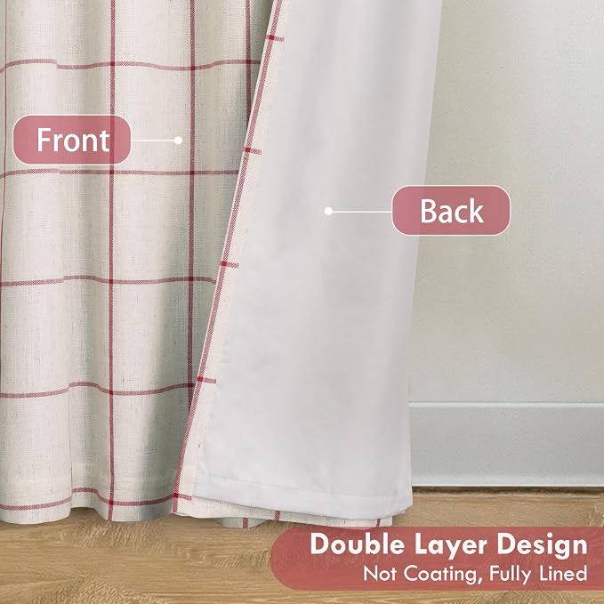 DriftAway 100% Blackout Plaid Linen Curtains 72 Inches Long 2 Panels Red | 100% - Image 3