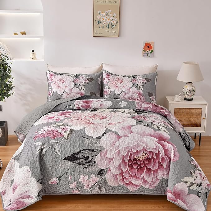 WONGS BEDDING Grey Quilt King Size, Lightweight Farmhouse Coverlet Set by WONGSBEDDING