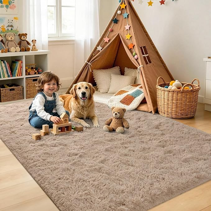 5x7 Beige Fluffy Soft Area Rug Non-Slip - Image 4