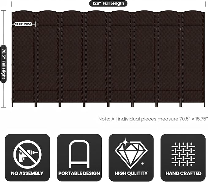 8 Panel Folding Room Divider, Woven Privacy Screen, Chocolate | Solid wood frame - Image 3