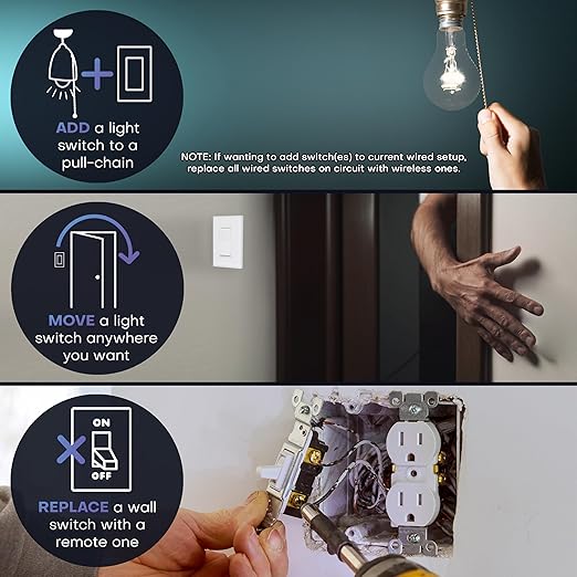 RunLessWire Single Pole Battery-Free DIY Wireless Light Switch Kit 150ft RF Range Self-Powered by Kinetic Energy for Fixtures & Outlets : 1 Remote Switch Controls 1 5A On/Off Receiver – Brown