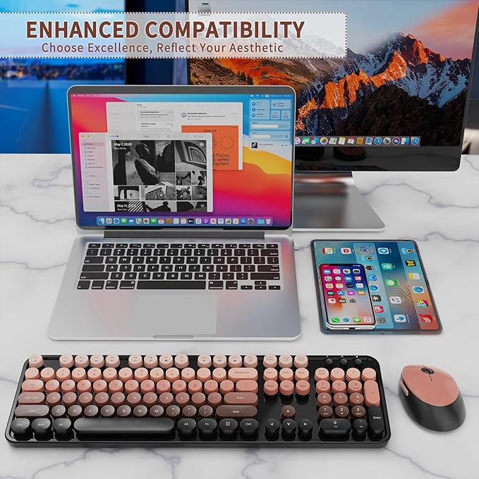 Nowlike Wireless Keyboard and Mouse Combo, Retro Typewriter Keyboard with Round Keycaps, Full-Size Ergonomic, Aurora Red, Ideal for Windows PC, Home, Office, and College