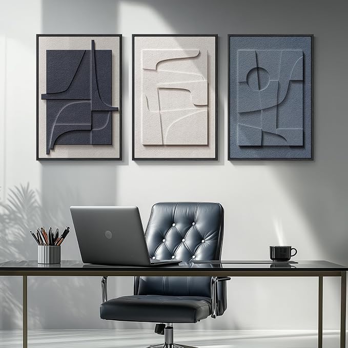 3D Textured Framed Blue and White Abstract Wall Art Set, 3 Piece, 16x24 In | - Image 5