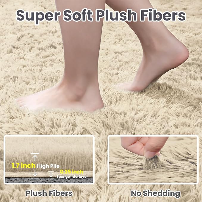 5x8 Fluffy Shag Area Rugs for Living Room Bedroom: Soft Plush Carpet Beige | - Image 5
