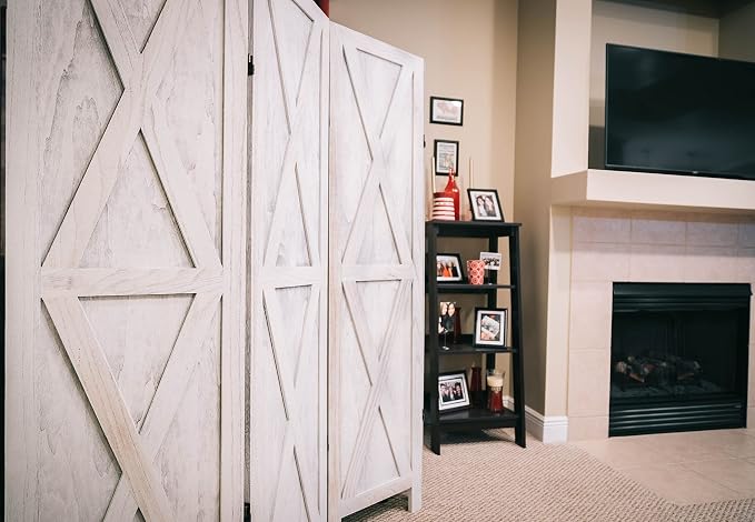 Premium Home 6-Panel Room Divider – Rustic White Barn Door, X Pattern Folding - Image 2