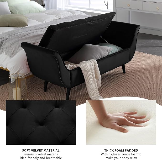 65" Velvet End of Bed Bench, Upholstered Seat - Image 4