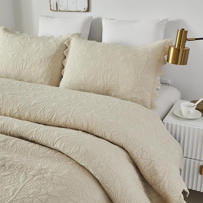 Brandream Beige Quilt Set King Size Cotton Luxury Matelasse Coverlet Set - Image 3