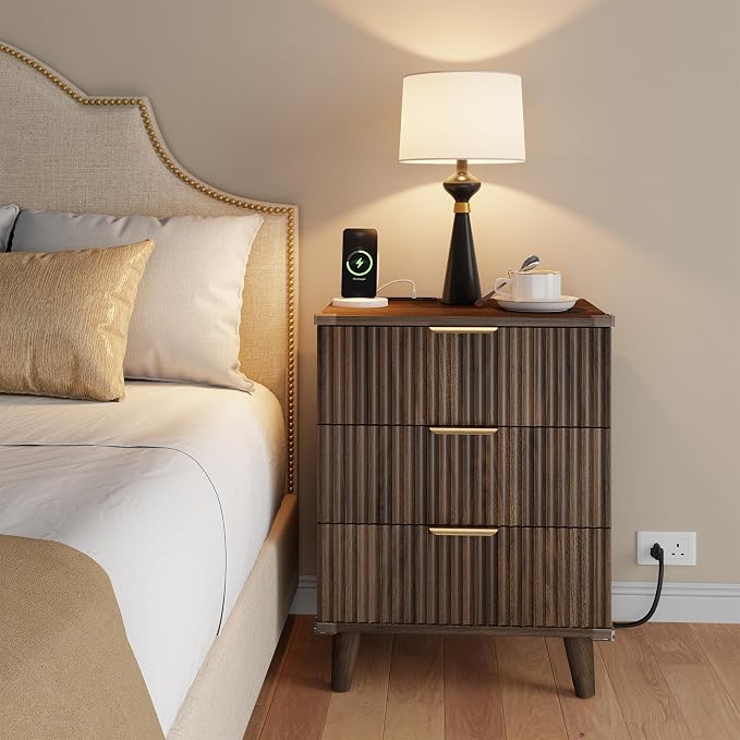 Wood Bedside Table w/Charging Station, 3 Drawers Fluted Dresser | Walnut - Image 2