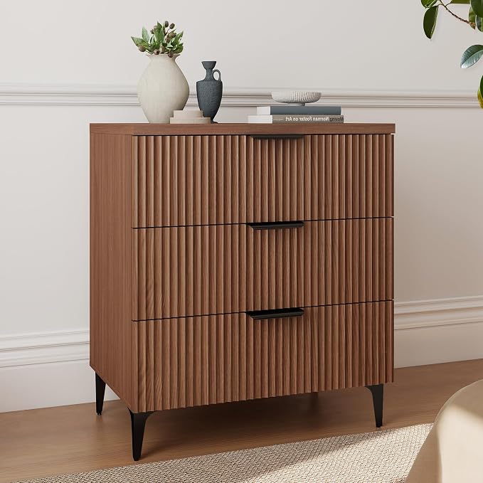 25.6" W Fluted Nightstand with 3 Drawer, Mid-Century Modern Night Stands | by SUNWAVEHOME