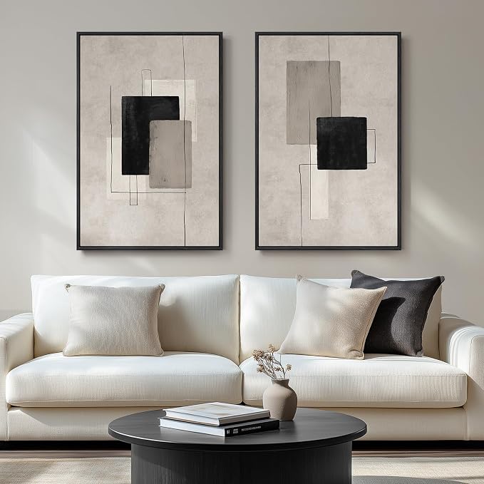 Large Framed Neutral Black Beige Abstract Wall Art by Cuspin