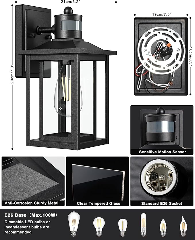 LTBLIGHT Motion Sensor Dusk to Dawn Outdoor Light, 4-Modes Adjustable Black Exterior Lighting Fixture, Waterproof Outside Wall Mount Lantern for Home, Entry, Backyard, Patio, 120V