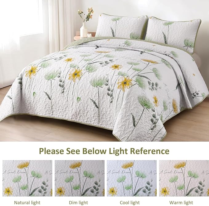 Dinjoy Floral Quilt Set Queen, Fower Plant Bedspread Coverlet Set 3 Pieces | - Image 4