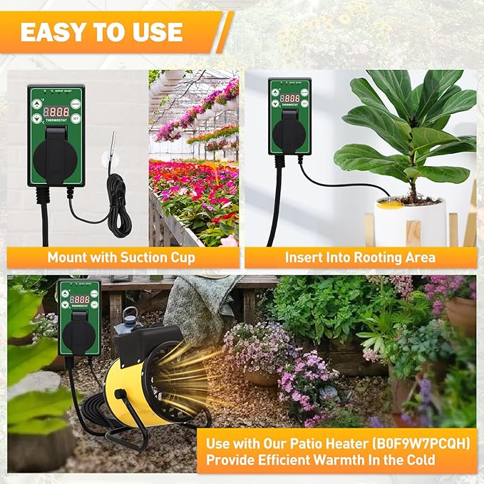 COOS BAY Digital Thermostat Controller -4 to 108°F, Temperature Control for Greenhouse Heater, Heat Mat, Grow Tent, Garage, Reptile Enclosure, Homebrew, Seedling, 15A/1500W, Green, 1 Pack